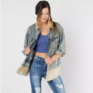 Free‎ People Sirius Plaid Mixed Denim Shirt Jacket XS